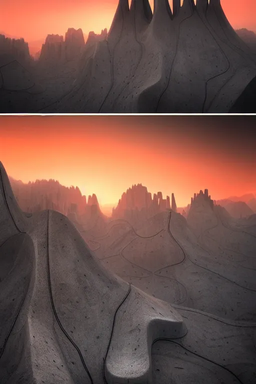 Image similar to sci - fi concrete brutalist architecture in the italian dolomites, zaha hadid, beksinski, photoreal, highly detailed, 8 k, hd, vray, artstation, trending on behance, cinematic matte painting, extreme detail photo quality, orange sunset, featured on behance