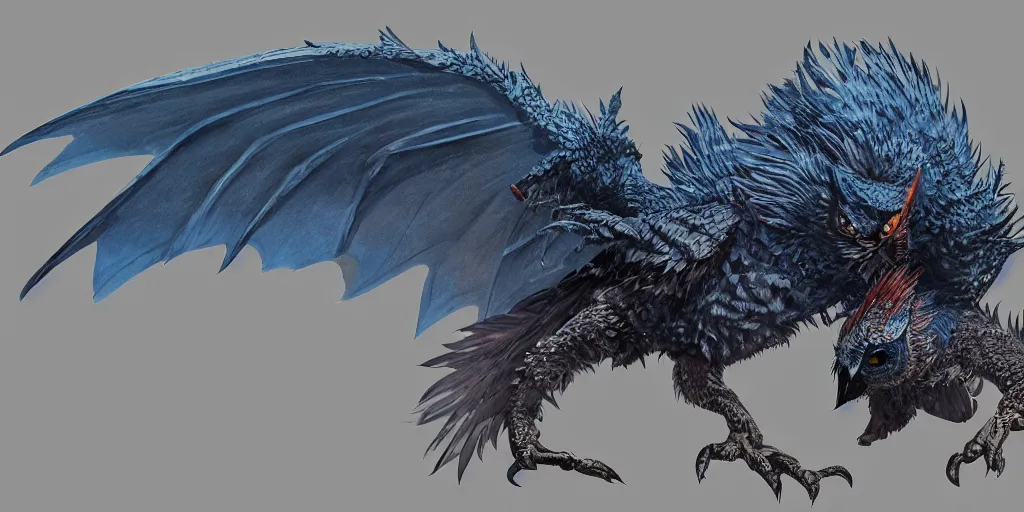 Image similar to Draconian dark reflective blue owl creature, character design sheet, Monster Hunter Illustrations art book, sharp and scaly feathers, huge wings, thick and strong legs, huge and sharp claws, red beak, Moebius, Greg Rutkowski, Zabrocki, Karlkka, Jayison Devadas, Phuoc Quan, trending on Artstation, 8K, ultra wide angle, zenith view, pincushion lens effect.