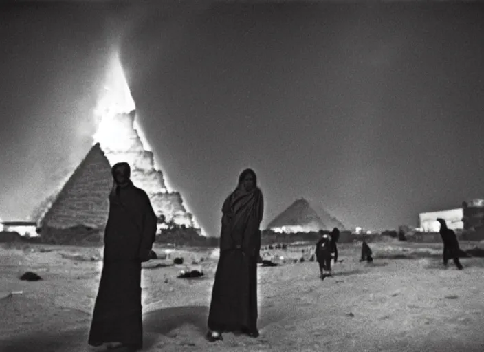 Prompt: people looking at pyramid burning in Cairo, film grain, andrei tarkovsky, evening