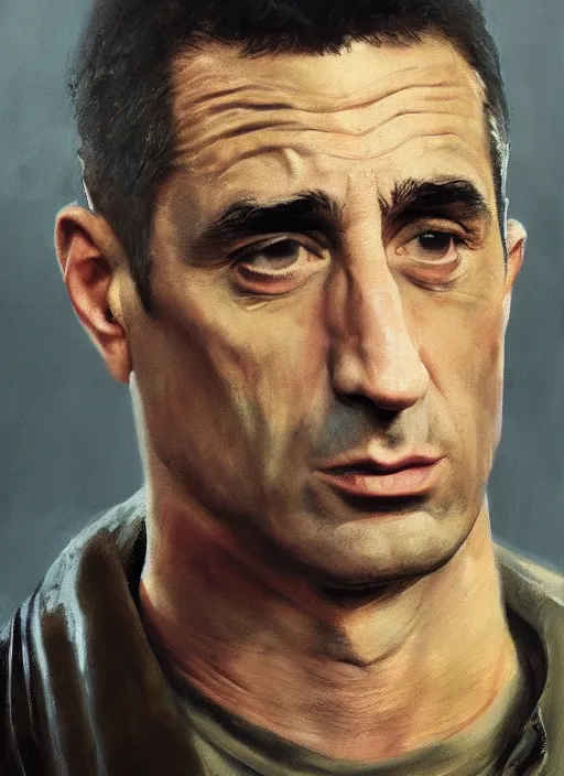 Image similar to realistic portrait of travis bickle ( robert deniro ), trending on artstation, low angle oil painting and composition laws, cinematic lighting, hyperdetailed, cgsociety, 8 k, martin scorsese cinematography, taxi driver