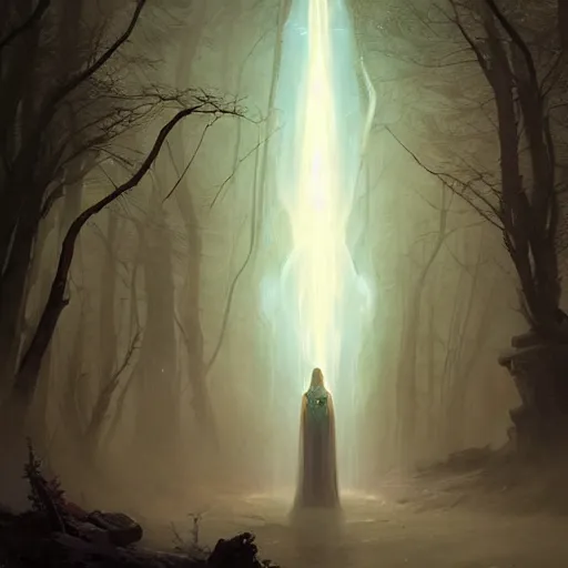 Image similar to ''cinematic shot'' white hooded mage ( spectre ) with leaves falling simetrical 8 k atmosferic realistic, radiant light, made by ivan aivazovsky, peter mohrbacher, greg rutkowski volumetric light effect broad light oil painting painting fantasy art style sci - fi art style realism premium prints available artwork unreal engine