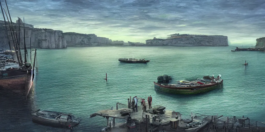 Prompt: wood dock, green car on dock, big fishing boat next to the dock with waving sailors. low angle, sunrise, a mediterranean phoenician fishing village in the distance, chalk cliffs above, highly detailed, digital painting, artstation, concept art, sharp focus, illustration, art by artgerm and raphael lacoste and magali villeneuve