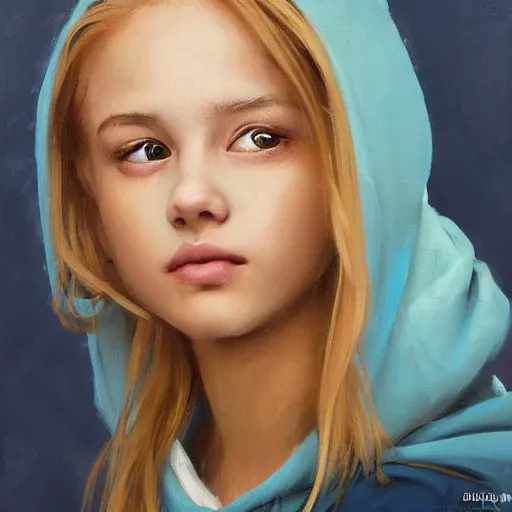 Image similar to greg manchess portrait of a beautiful teen girl with blonde hair, wearing a blue hoodie, medium shot, asymmetrical, swedish, sticker, profile picture, organic painting, matte painting, bold shapes, hard edges, street art, trending on artstation, by huang guangjian and gil elvgren and sachin teng and wlop and rossdraws and greg rutkowski