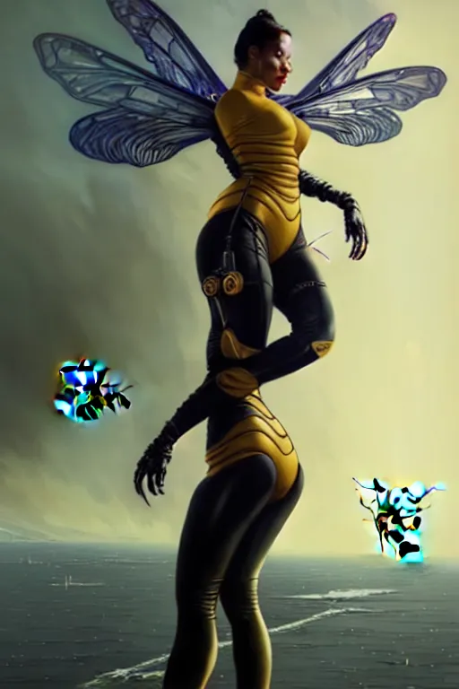 Image similar to gta 5 queen bee profile picture by greg rutkowski, cybernetic wings, dynamic pose, intricate, futuristic, fantasy, elegant, by stanley artgerm lau, greg rutkowski, thomas kindkade, alphonse mucha, loish, norman rockwell, fantasy lut, asymmetric, long hair, retro computer graphics, video game, fluid lines,