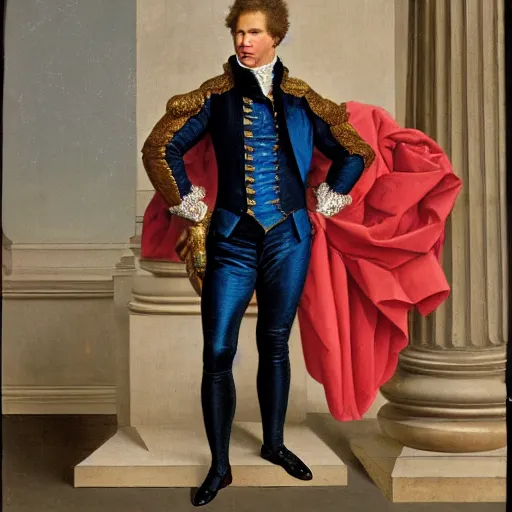 Image similar to A rococo portrait of Will Ferrell in a shining suit of armor, Jacques-Louis David, Réunion des Musées Nationaux, Louvre Catalogue photography