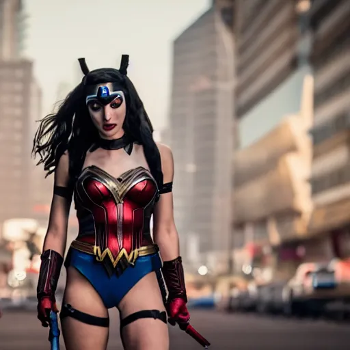 Prompt: Gal Gadot as Harley Quinn, Cinematography by Roger Deakins, 4k, ultra wide, f1.8 anamorphic, bokeh, 4k,-W 860