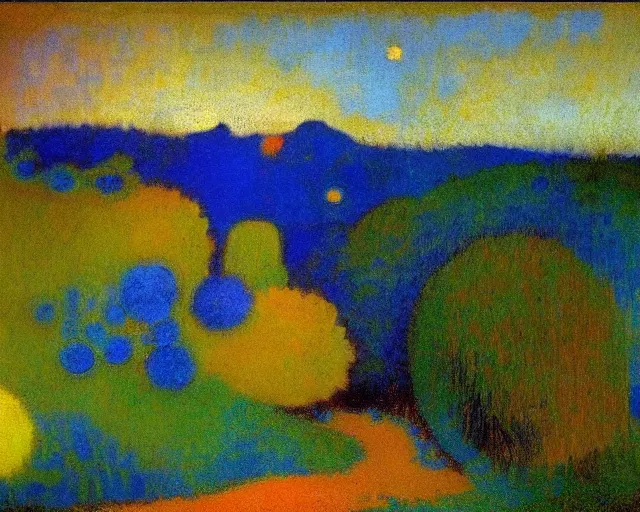 Image similar to Modernist landscape painting. LSD. Odilon Redon.