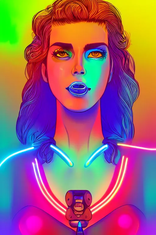 Image similar to a award winning half body portrait of a beautiful woman with stunning eyes in a croptop and cargo pants with smoking hair in rainbow colors, outlined by whirling illuminated neon lines, outrun, vaporware, shaded flat illustration, digital art, trending on artstation, highly detailed, fine detail, intricate