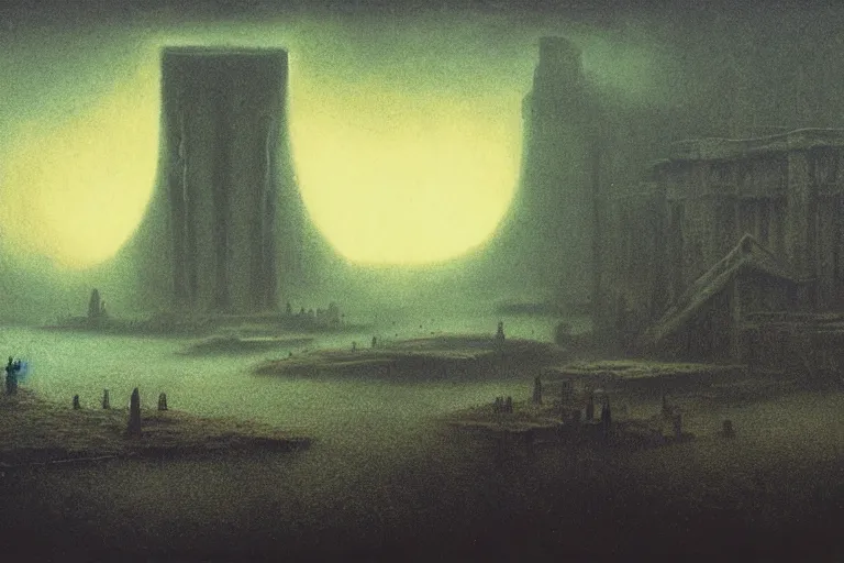 Prompt: lost city at the end of time, in the style of beksinski