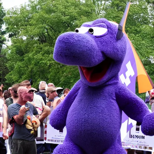 Prompt: Barney the Dinosaur spotted at a Nazi rally