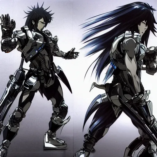 Image similar to An anime man with long, blue hair, wearing steel armor, drawn by Yoji Shinkawa highly detailed, trending on art station, sci-fi themed, dynamic posing