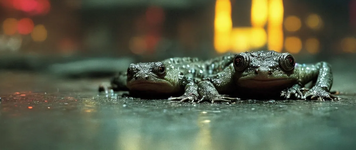 Prompt: Close up of a happy Lepidobatrachus laevis sitting on the floor and facing the camera in a still from the movie Blade Runner (1982), high quality, rain, rain drops, cold neon lighting, 4k, night, award winning photo, beautiful, cute