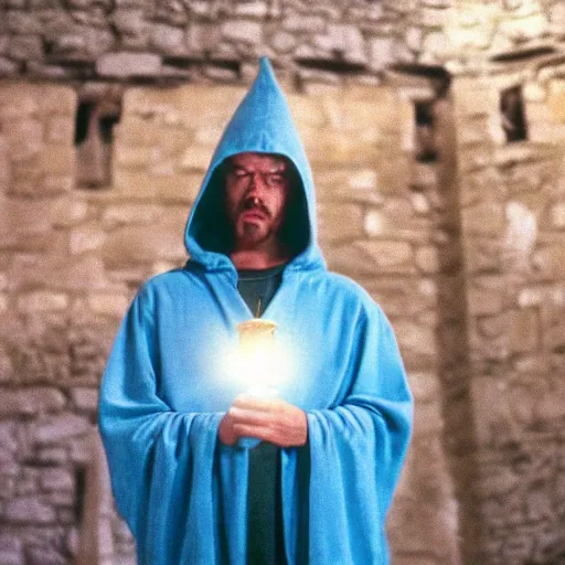 Image similar to man with a light blue hood in a dark medieval castle, 1 9 9 1, movie still