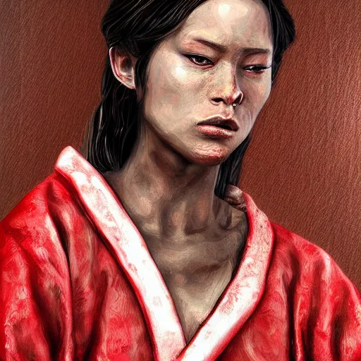 Image similar to a portrait of a human hybrid mutant brown rat in red kimono, painting, realistic, digital art