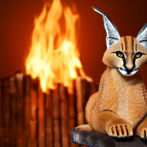 Image similar to wide-angle photo of cute caracal sitting on a wooden chair in a room, flames of fire at background, octane render, 3d, 8k , hd, studio light