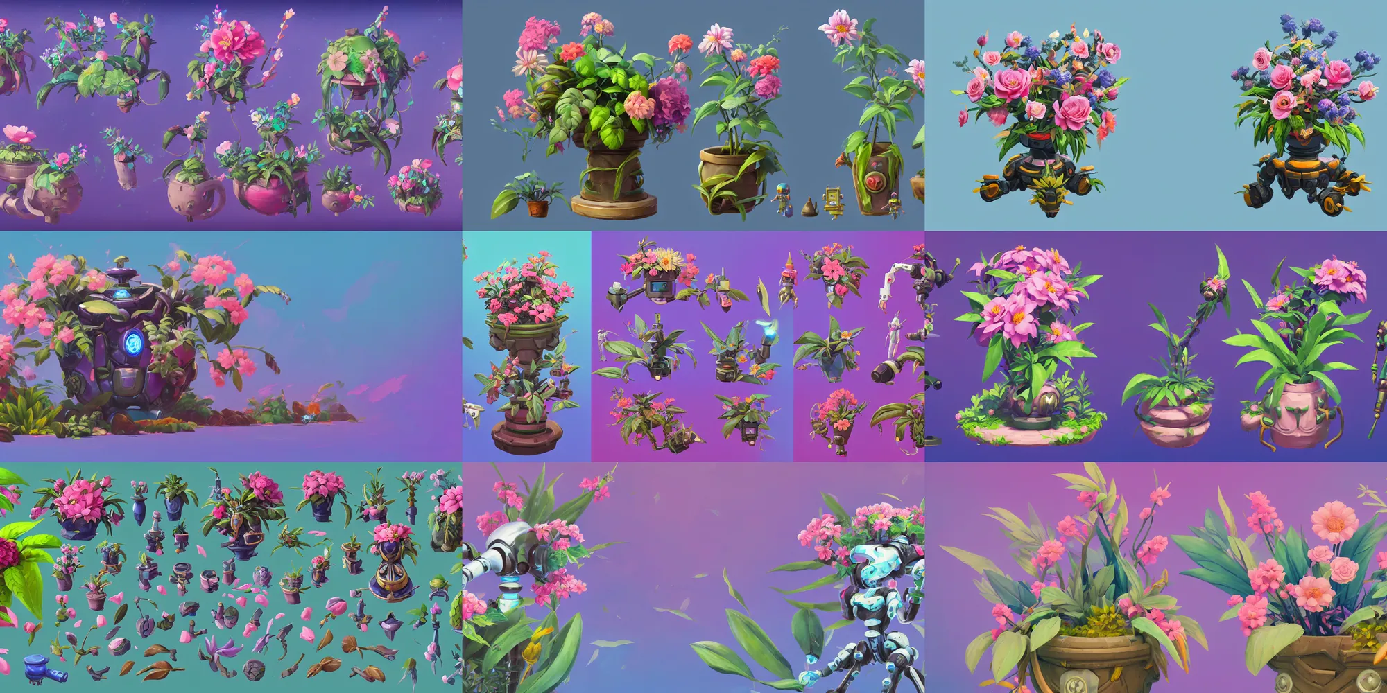 Prompt: game asset of exotic pot of flower and plants infused with robotic, in gouache detailed paintings, props, stylized, 2 d sprites, kitbash, arcane, overwatch, blue and pink color scheme, 8 k, close up