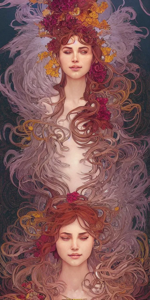 Prompt: Portrait of phoenix surrounded by spirit waves while rising from a chasm with flowers blossoming, fantasy, intricate, elegant, highly detailed, digital painting, artstation, concept art, smooth, sharp focus, illustration, art by Fernanda Suarez and Artem Demura and alphonse mucha