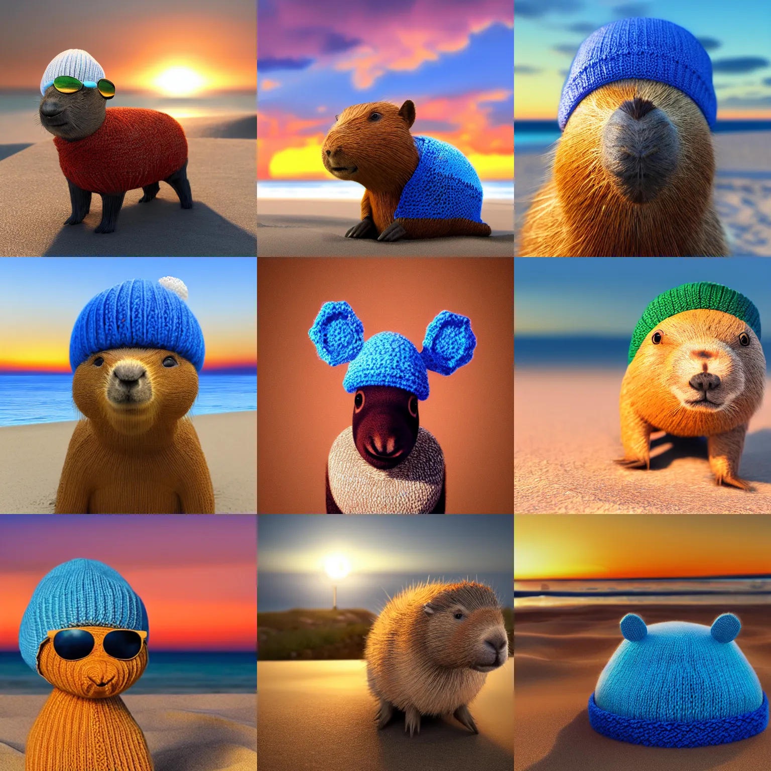 Prompt: a photorealistic picture of a knitted smiling capybara wearing blue sunglasses and a beanie cap at the beach during sunset Trending on Artstation, featured on Behance, well-rendered, fine detail, extra crisp image, Unreal Engine, 4K HD