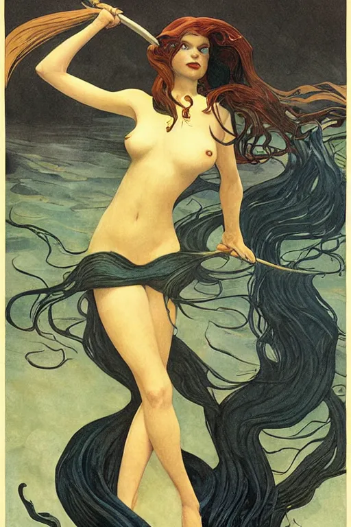 Image similar to dark evil mermaid with long flowing hair, by N.C. Wyeth, j.c. leyendecker, Bernie Wrightson