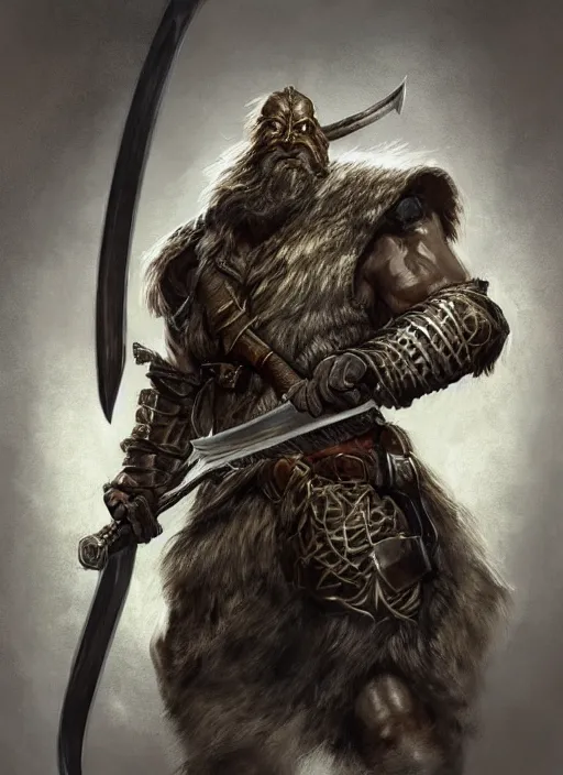 Image similar to strong young man, photorealistic bugbear ranger holding aflaming sword, black beard, dungeons and dragons, pathfinder, roleplaying game art, hunters gear, jeweled ornate leather and steel armour, concept art, character design on white background, by alan lee, norman rockwell, makoto shinkai, kim jung giu, poster art, game art