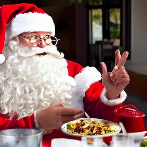 Prompt: Santa Claus eating chipotle inside and enjoying it, realistic, modern