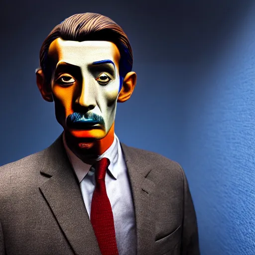 Prompt: ultra realistic portrait ofa man in suit in a studio, ultra detailed, under blue, red and yellow cinematic lighting, escher, cartoon, monument valley, salvador dali