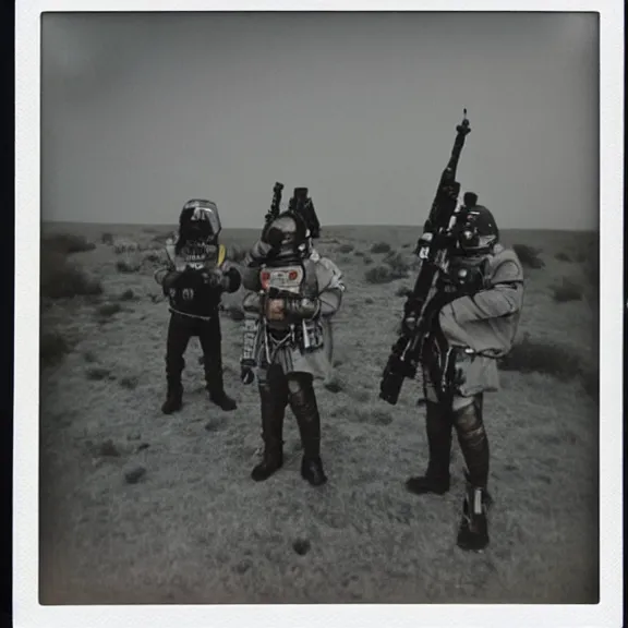 Image similar to polaroid of tribes men with space age weapons shots by Tarkovsky