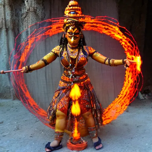 Image similar to hindu goddess of firespinning, burning man, fire poi, fire staff, tesseract, intricate