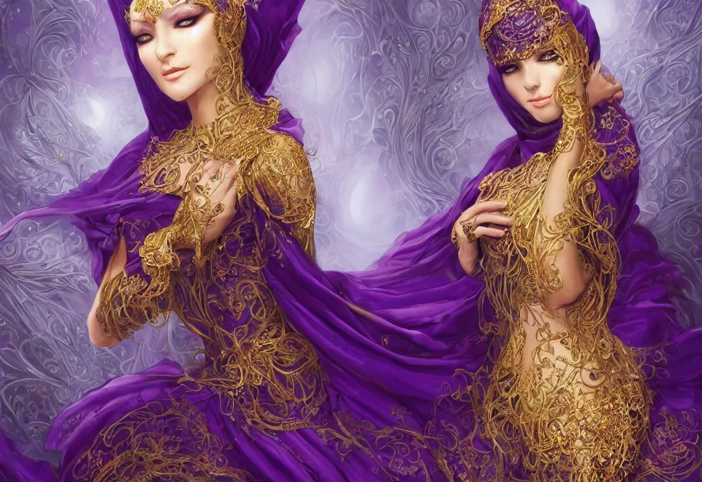 Image similar to a beautiful woman wearing a white niqab made of silk with golden jewelry and diamonds by alex gray and android jones, ornate purple background, karol bak, ayami kojima, arabian, concept art, fantasy,