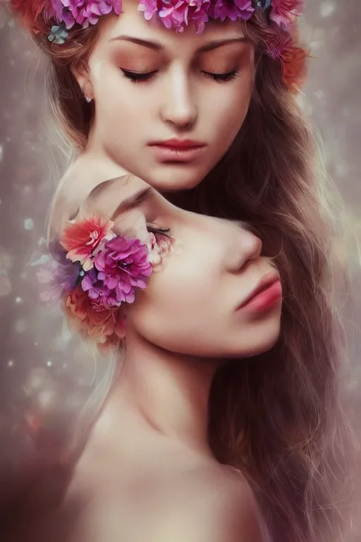 Prompt: beautiful woman with flowers in her hair, soft lighting, portrait, trending on artstation, portrait, closeup,