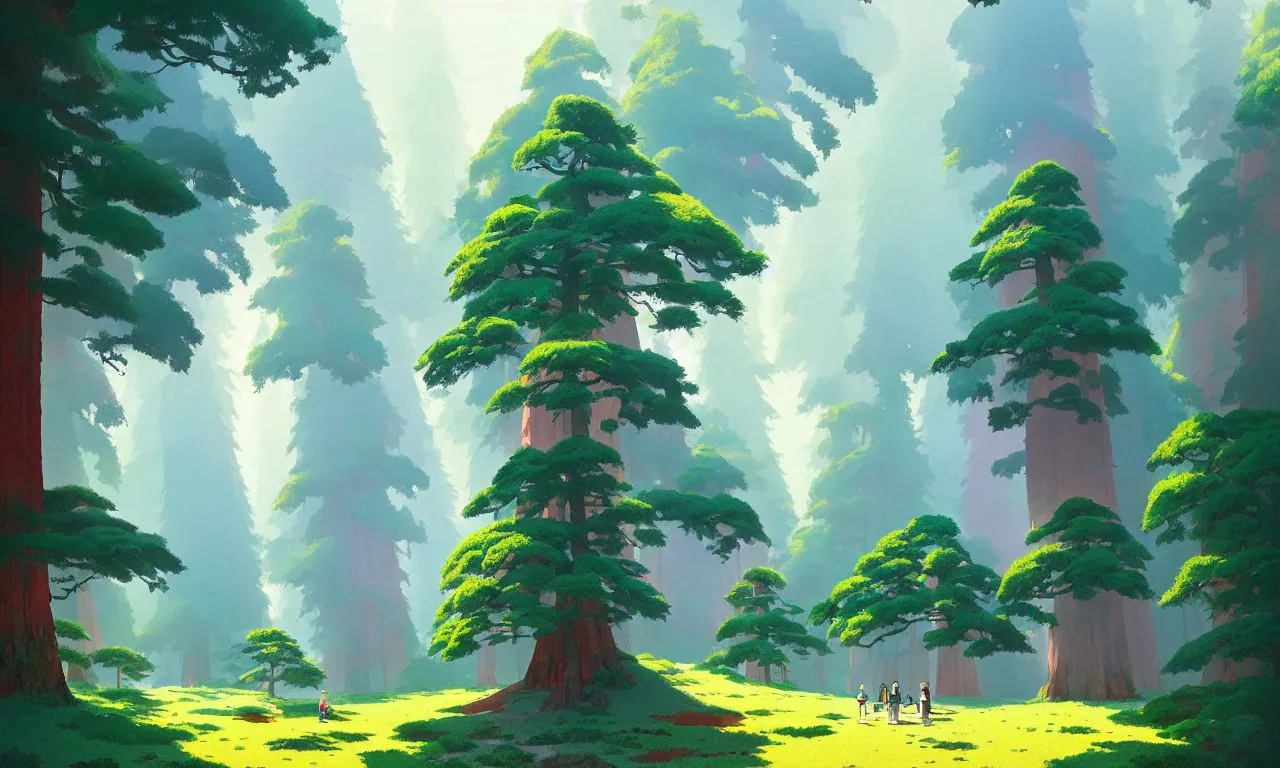 Image similar to Sequoia park in a colorful moutain with beautiful trees , no people, morning, by studio ghibli painting, superior quality, masterpiece, traditional Japanese colors, by Grzegorz Rutkowski, concept art