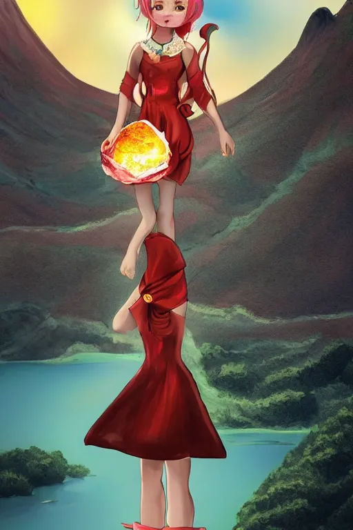 Prompt: a girl in a magnificent dress stands near a volcano, afar, fullbody, in full growth, photorealistic, high resolution, trending on artstation, highly detailed, volumetric lighting, 35mm !dream Kawaii Cat, sticker illustration, high quality, high resolution.