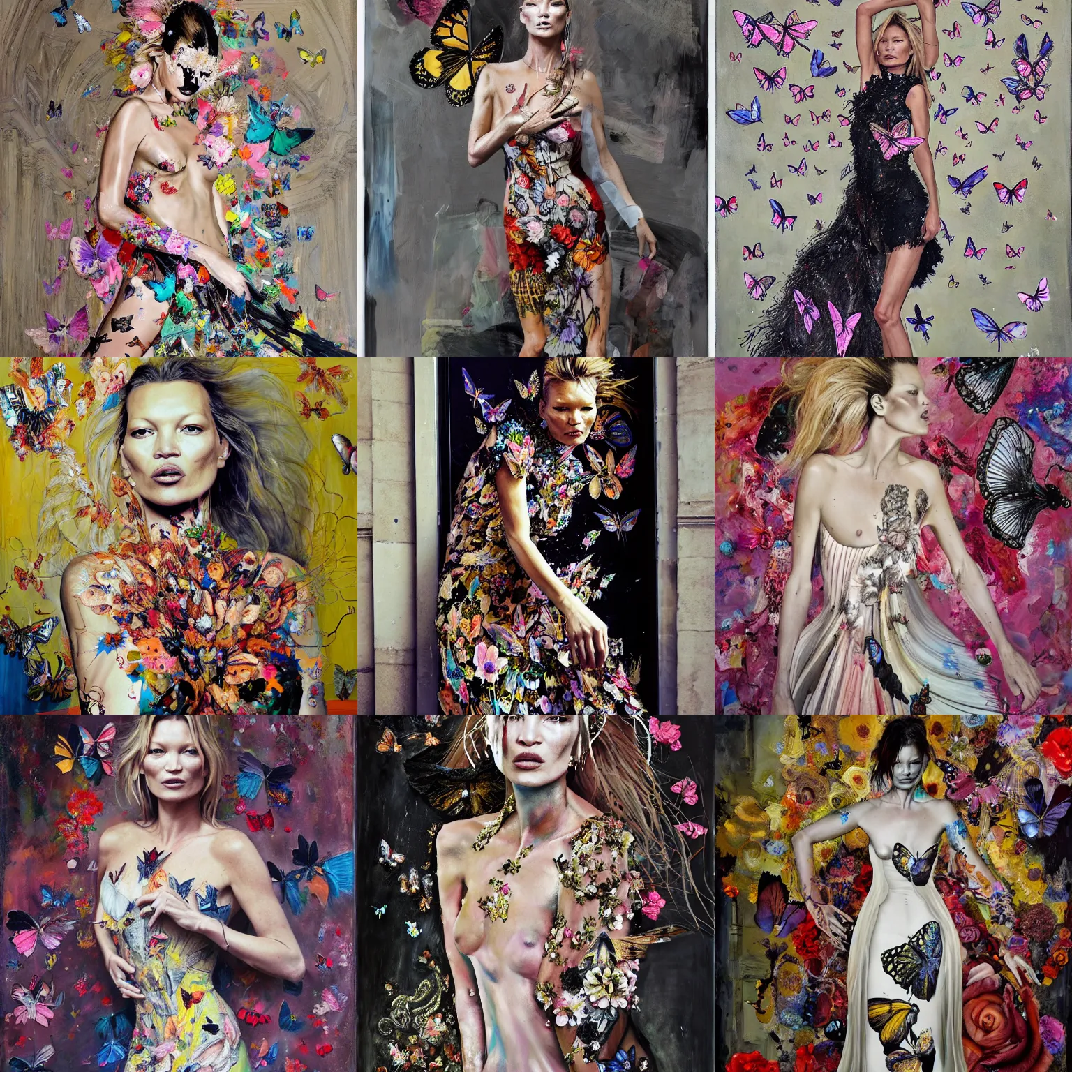 Prompt: kate moss wearing haute couture dress in paris rue cremieux by by andrei riabovitchev, tara mcpherson, david choe, sandra chevier, full figure painting, highly detailled, flowers, butterflies, detailed painterly impasto brushwork