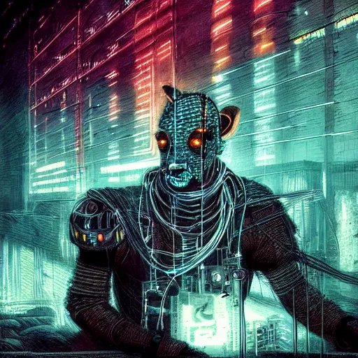 Image similar to cyberpunk dystopian cyborg hyena, wires and glowing lights, beksinski style, realism