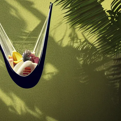 Image similar to minimalist portrait of a monkey laying in a hammock eating a banana, octane render, 8 k render, saturated, vector