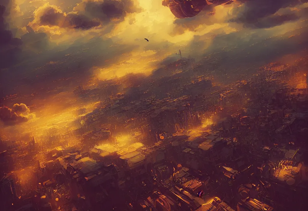 Image similar to flying steampunk city in the clouds with ceppelins by alena aenami, digital art, 4 k, trending on artstation, impressive, epic composition, highly detailed, golden hour