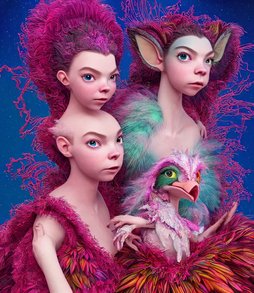 Prompt: hyper detailed 3d render like a Oil painting - kawaii portrait of two Aurora (a beautiful girl skeksis muppet fae princess protective playful expressive acrobatic from dark crystal that looks like Anya Taylor-Joy) seen red carpet photoshoot in UVIVF posing in feather dress to Eat of the Strangling network of yellowcake aerochrome and milky Fruit and His delicate Hands hold of gossamer polyp blossoms bring iridescent fungal flowers whose spores black the foolish stars by Jacek Yerka, Ilya Kuvshinov, Mariusz Lewandowski, Houdini algorithmic generative render, golen ratio, Abstract brush strokes, Masterpiece, Edward Hopper and James Gilleard, Zdzislaw Beksinski, Mark Ryden, Wolfgang Lettl, hints of Yayoi Kasuma and Dr. Seuss, octane render, 8k