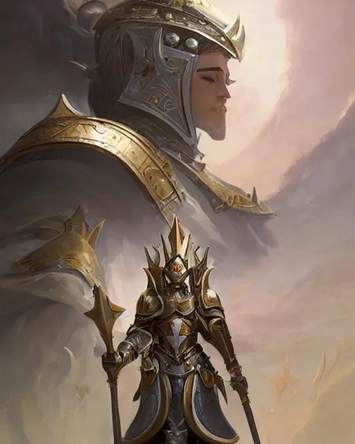 Prompt: Champion paladin in white gold intricate and orante armor, unreal engine, fantasy art by peter mohrbacher, Greg Rutkowski, Loish, Rhads, radiant halo of light