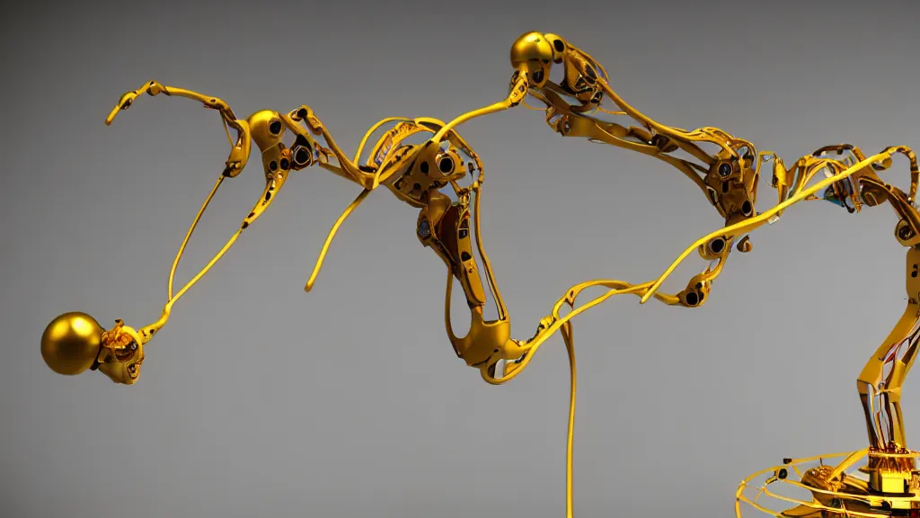 Image similar to a complex bifurcated robotic cnc surgical arm hybrid 3 d printer machine making organic ceramic kintsugi mandlebulb forms in the laboratory room, very thin gold wire, film still from the movie directed by denis villeneuve with art direction by salvador dali, wide lens, f 3 2, cinematic lighting, studio quality, smooth render, unreal engine 5 rendered, octane rendered