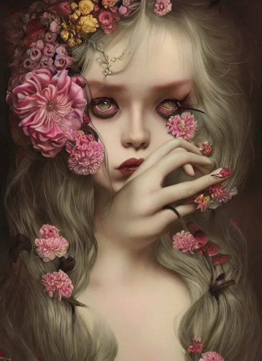 Image similar to pop surrealism, lowbrow art, realistic seductive cute woman painting, long hair, japanese shibari with flowers, hyper realism, muted colours, rococo, natalie shau, loreta lux, tom bagshaw, mark ryden, trevor brown style,