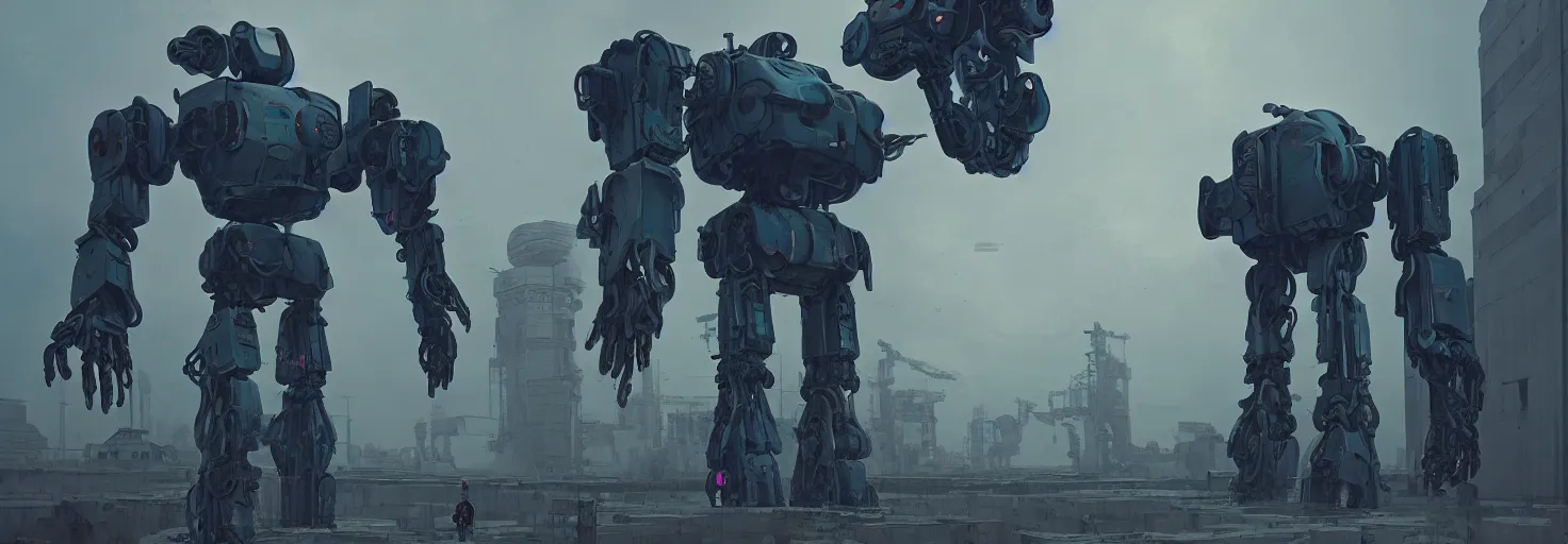 Prompt: an abandonded courtyard, giant robot mech, sci - fi, digital art by beeple h - 7 0 0