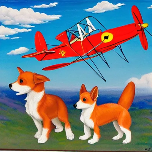 Image similar to 3 toy fox terriers flying a biplane, dog faces alert, beautiful painting, dappled fur pattern, style of tin tin