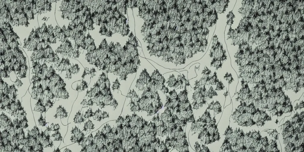 Prompt: A photo of a detailed handwritten map of a forest with rivers and a mountain