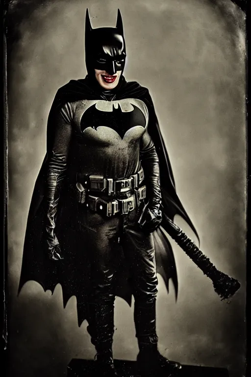 Image similar to a wet plate photograph of Dieselpunk Batman