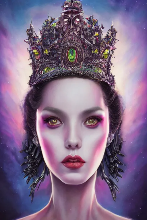 Image similar to portrait of a alien queen wearing an elaborate crown, straight on portrait, by artgerm, tom bagshaw, gerald brom, vaporwave colors, lo fi colors, vaporwave, lo fi, 2 point studio lighting, dramatic lighting, creepy aesthetic, 4 k, hd,