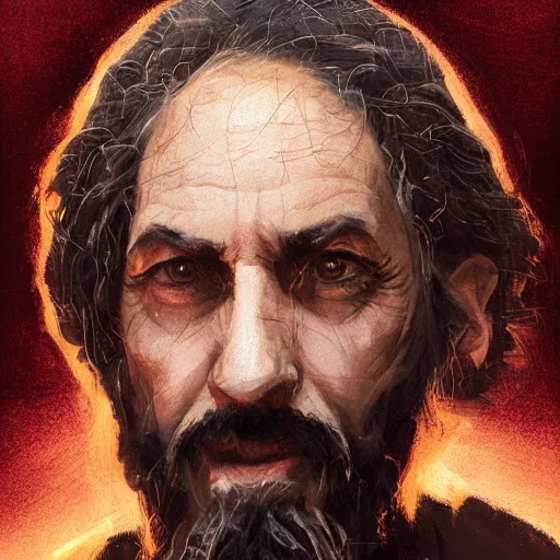 Image similar to portrait of a man by Greg Rutkowski, a Jedi Master in his 60s, Arab features and olive skin, long black hair and beard, wise appearance, orange robes, Star Wars Expanded Universe, he is about 60 years old, highly detailed portrait, digital painting, artstation, concept art, smooth, sharp foccus ilustration, Artstation HQ