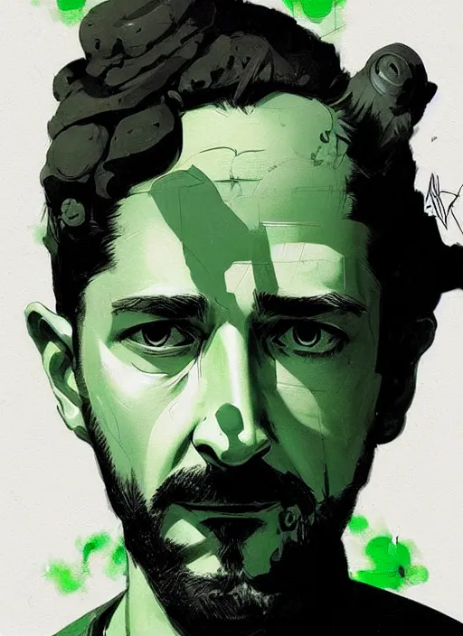 Image similar to highly detailed closeup portrait of creepy staring shia lebouf by atey ghailan, by greg rutkowski, by greg tocchini, by james gilleard, by joe fenton, by kaethe butcher, gradient green, black and white color scheme, grunge aesthetic!!! ( ( graffiti tag wall background ) )