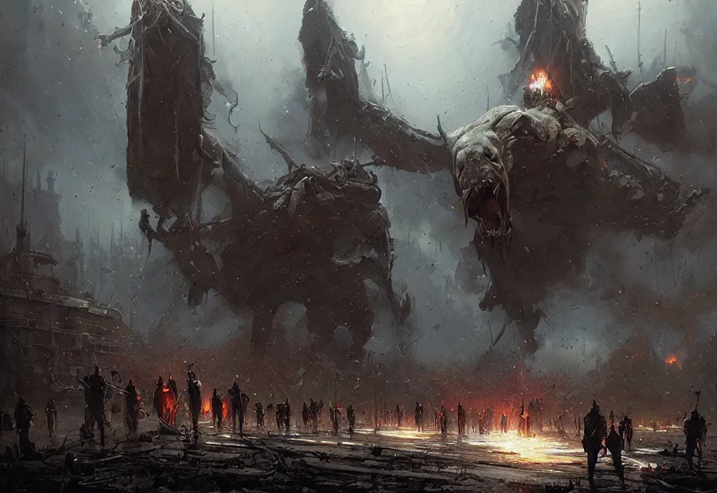 Prompt: The fall of the American Empire, epic painting by James Gurney and Greg Rutkowski, cinematic, horror