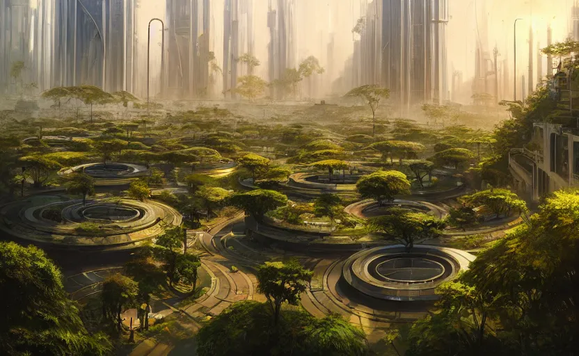 Image similar to solarpunk circular city with lush forest in the center, walkable pathways, rooftop gardens and solar panels, highly detailed, digital painting, artstation, concept art, smooth, sharp focus, illustration, art by wlop, mars ravelo and greg rutkowski