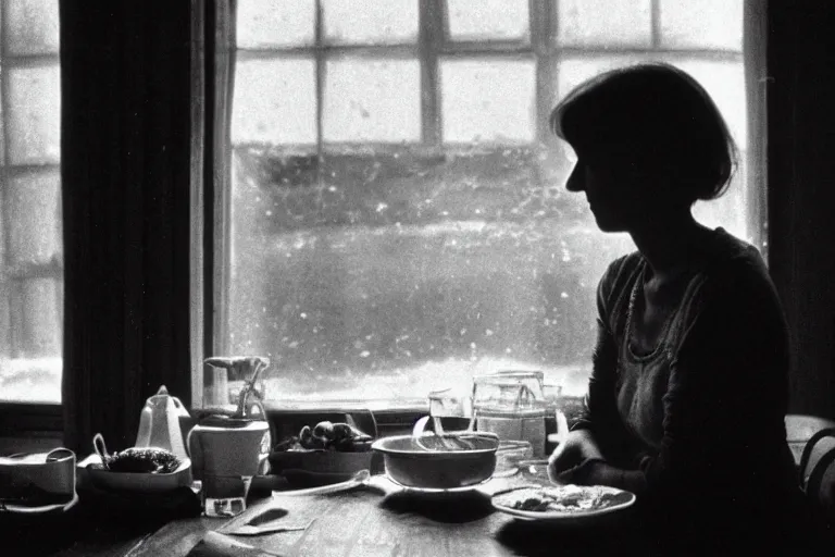 Image similar to soviet movie still a soviet woman sitting at a table next to the window with food, dark warm light, a character portrait by margarita terekhova, movie stalker solaris film still by andrei tarkovsky, 8 k, 1 9 8 4, close - up bokeh, gelios lens, color, noir